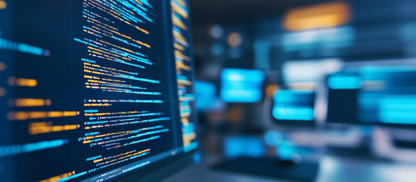 A close-up view of web development code on a computer screen, showing detailed HTML, CSS, and JavaScript lines. The code is neatly structured, with tags and functions highlighting