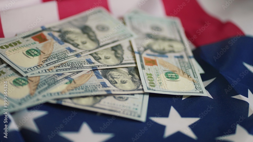 Wall mural dollar money and american flag. bankrupt man counting money cash. business crisis finance dollar con