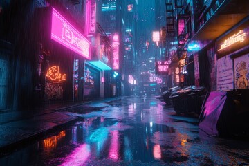Futuristic urban alley with vibrant neon signs reflected on wet pavement, creating a cyberpunk atmosphere