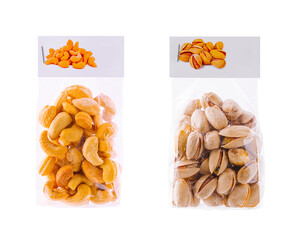 Cashew and pistachio nuts showing in transparent standing bags