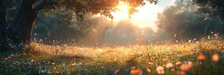 Serene Meadow at Sunset, a tranquil landscape bathed in warm golden light, vibrant flora in detail, soft hues blending into the horizon