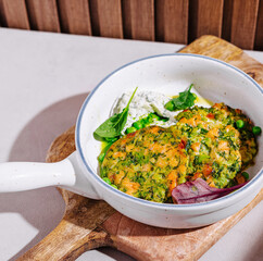 Delicious salmon patties with green herbs and white sauce served on white plate