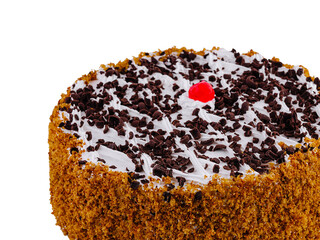 Delicious round chocolate cake with chocolate sprinkles and cherry on top isolated on white background