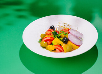 Greek salad on white plate with green background