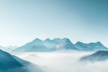 Fototapeta premium Majestic snow-capped mountain range emerging from a sea of clouds, bathed in soft morning light