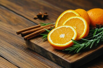 Fresh Orange Slices with Cinnamon Sticks and Rosemary on Wooden Board