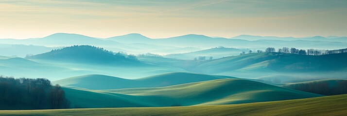 Fototapeta premium Serene Winter Hills, tranquil snowy slopes undulating gently, soft mist enveloping distant horizons, evoking calm and quietude in winter's embrace