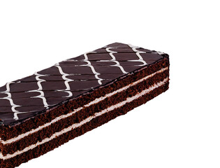 Chocolate cake with white chocolate decoration isolated on white background