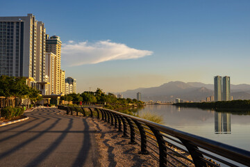 Ras al Khaimah emirate  viewin the northern United Arab Emirates  cityscape landmark and skyline view above the mangrove and corniche downtown area at dawn