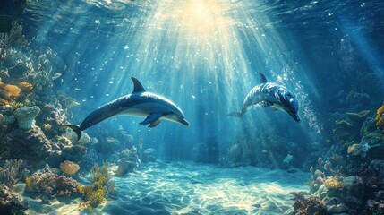 Obraz premium Two Dolphins Swimming in the Ocean