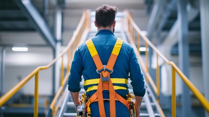Fototapeta premium Technician Wear seat belts Safety harness Going up the stairs fixed ladder Working on a high ground In industrial plants prevent Fall from a height Wear protective equipment With space to enter text