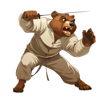 A fierce brown bear dressed in a white karate gi, with a determined expression on its face, holding two swords and ready to strike.