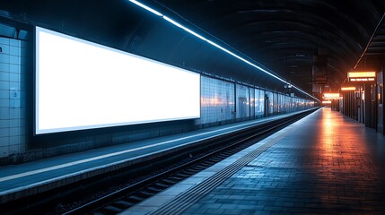 A white billboard located at an empty train station platform, with tracks leading into the distance and a sense of anticipation in the air.