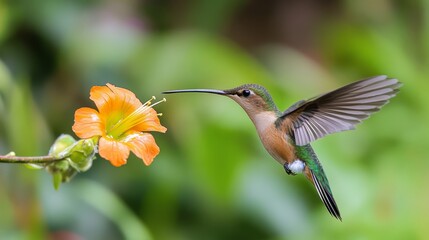 Fototapeta premium Hummingbird Long-tailed Sylph Aglaiocercus kingi with orange flower in flight. Hummingbird from Colombia in the bloom flower wildlife from tropic jungle.
