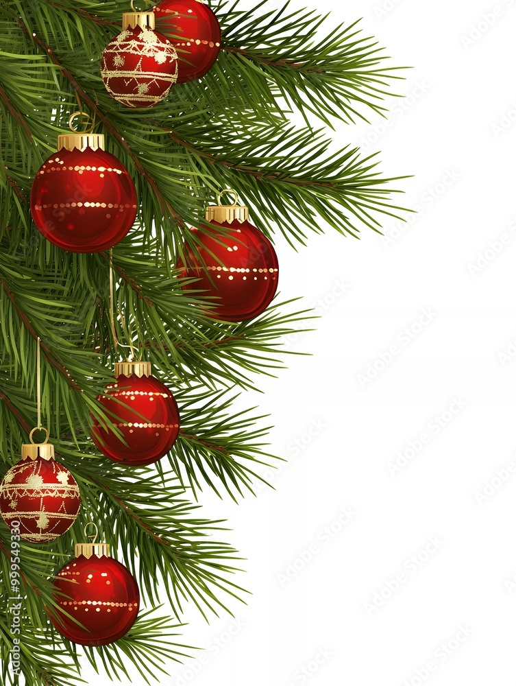 Poster Red and gold Christmas ornaments hang on a pine branch.