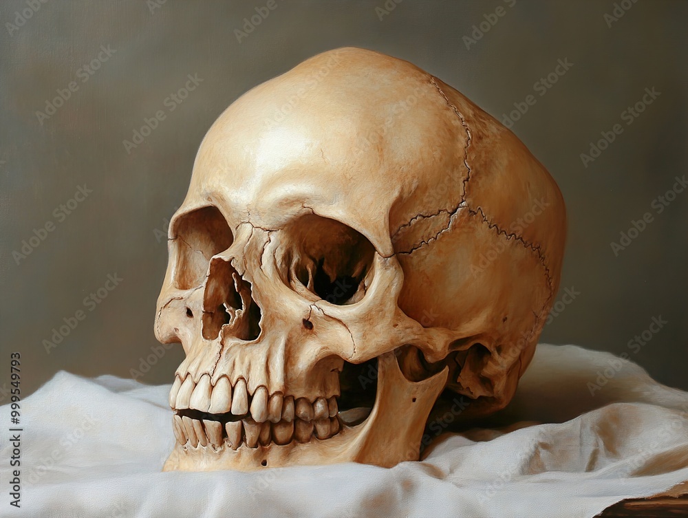 Wall mural Human Skull Still Life: A Detailed Study in Light and Shadow