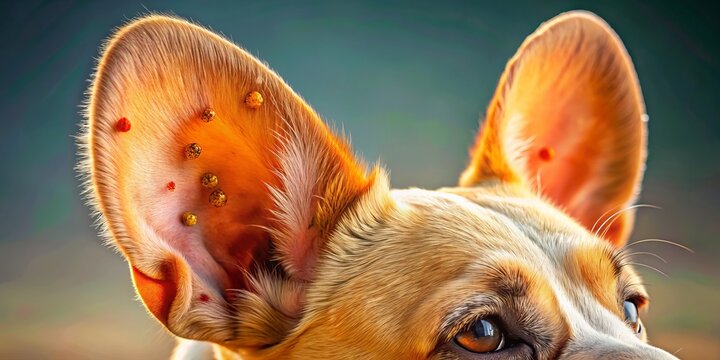 A close-up view of a dog's ear reveals ear mites and signs of infestation, showcasing the discomfort and