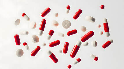 Dynamic composition of various red and white pharmaceutical pills and capsules floating against a clean white background, representing healthcare, medication, and the pharmaceutical industry