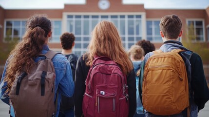 Fototapeta premium Rear view of teenagers in front of school