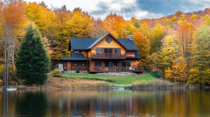 Fototapeta premium Vermont Lake House During Beautiful Fall Foliage Season