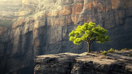 Solitary Tree on Rocky Cliff with Sunlight Illuminating the Scene in a Majestic Canyon Landscape