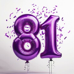 Fototapeta premium Purple birthday / anniversary balloon, number 81, white background with confetti