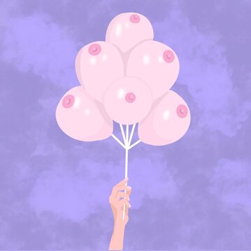 main tient ballons en forme de seins fond violet nuages octobre rose