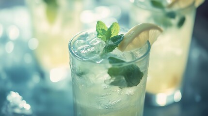 Close-up of glasses with lemonade and mint, soft-focus background, blurred background, professional photography, professional color grading, depth of field, soft shadows