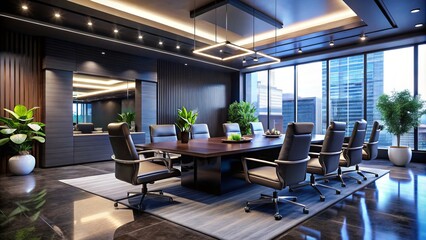Fototapeta premium An elegant conference setting with modern black interiors, showcasing stylish furniture and sophisticated aesthetics,