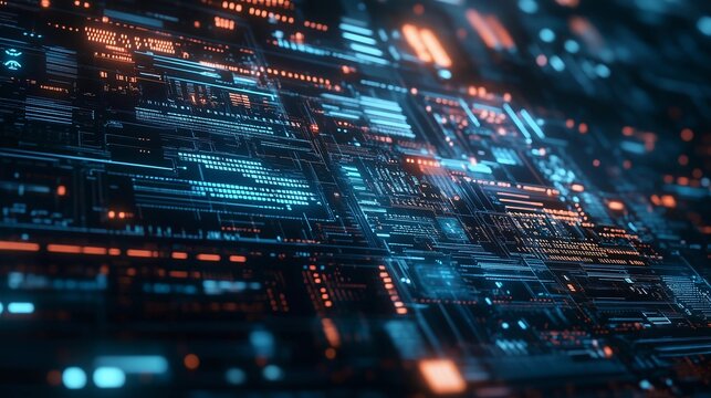 3D render of a computer code background, digital data, and technology abstract futuristic illustration with blue and orange glowing lights, an intricate network pattern design