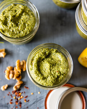 Fresh Homemade Basil Pesto in glass jars