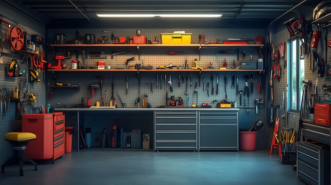 Clean and organized garage with tools hyper realistic