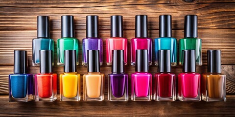 An eye-catching collection of colorful nail polishes artfully arranged on an elegant wooden backdrop, designed for