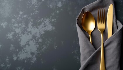  Elegant dining setup with gold utensils and a gray napkin