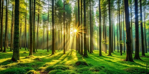 Obraz premium A peaceful forest backdrop featuring lofty trees, sunlight filtering through vibrant foliage, evokes a sense of calm