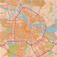 Map of Amsterdam in Netherlands in a sandy theme. Contains layered vector with roads water, parks, etc.