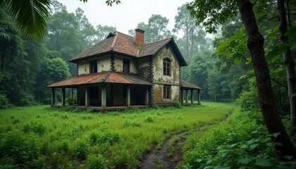 Fototapeta premium Abandoned house in the woods waiting for its story to unfold