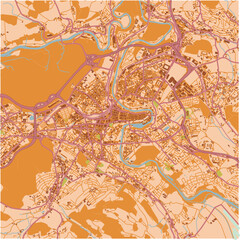 Map of Bern in Switzerland in a sandy theme. Contains layered vector with roads water, parks, etc.