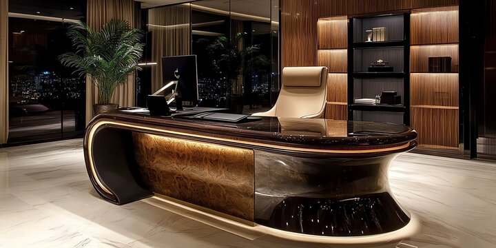 Fototapeta Modern luxury office interior with a large wooden desk and a city view.