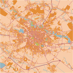 Map of Bucharest in Romania in a sandy theme. Contains layered vector with roads water, parks, etc.