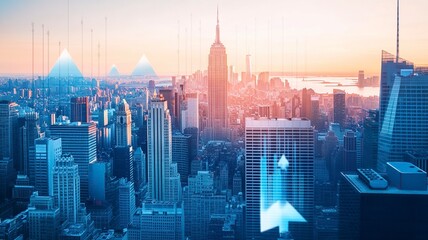 Blurry network interface with arrows pointing up over New York city panorama background. Concept of smart city and internet connection.generative ai