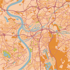 Map of Duisburg in Germany in a sandy theme. Contains layered vector with roads water, parks, etc.