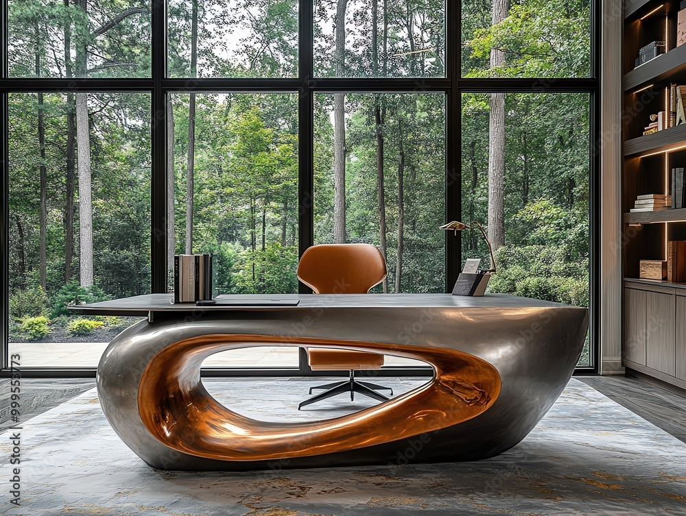 Poster modern office desk with a copper and metal design, overlooking a lush green forest view from large w