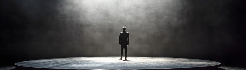 Obraz premium Solitary Figure Standing on Empty Stage Symbolic of Ruined Reputation and Public Humiliation