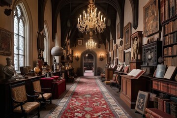 Exploring a Stunning Castle Corridor Rich in Historic Artifacts Ancient Tomes and Literary Treasures