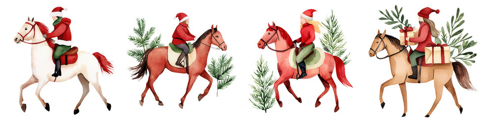 Santa Claus riding horses, festive design with greenery, white isolate background. transparent, background.