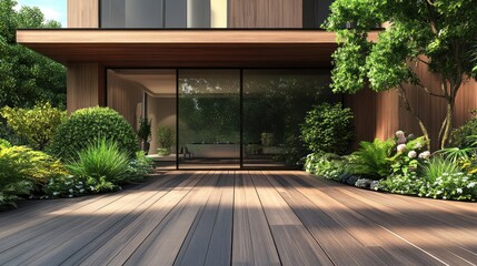 Fototapeta premium Modern Home with Wooden Deck and Lush Greenery