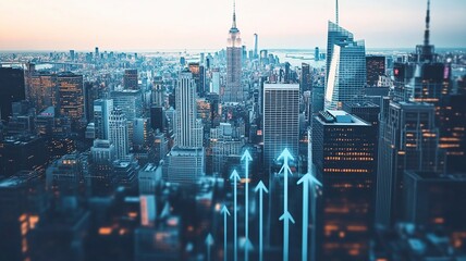 Obraz premium Blurry network interface with arrows pointing up over New York city panorama background. Concept of smart city and internet connection.generative ai