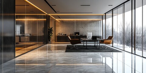 Modern office interior with sleek furniture, marble floor, and large windows overlooking a snowy forest.