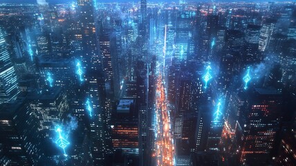 Obraz premium Blurry network interface with arrows pointing up over New York city panorama background. Concept of smart city and internet connection.generative ai